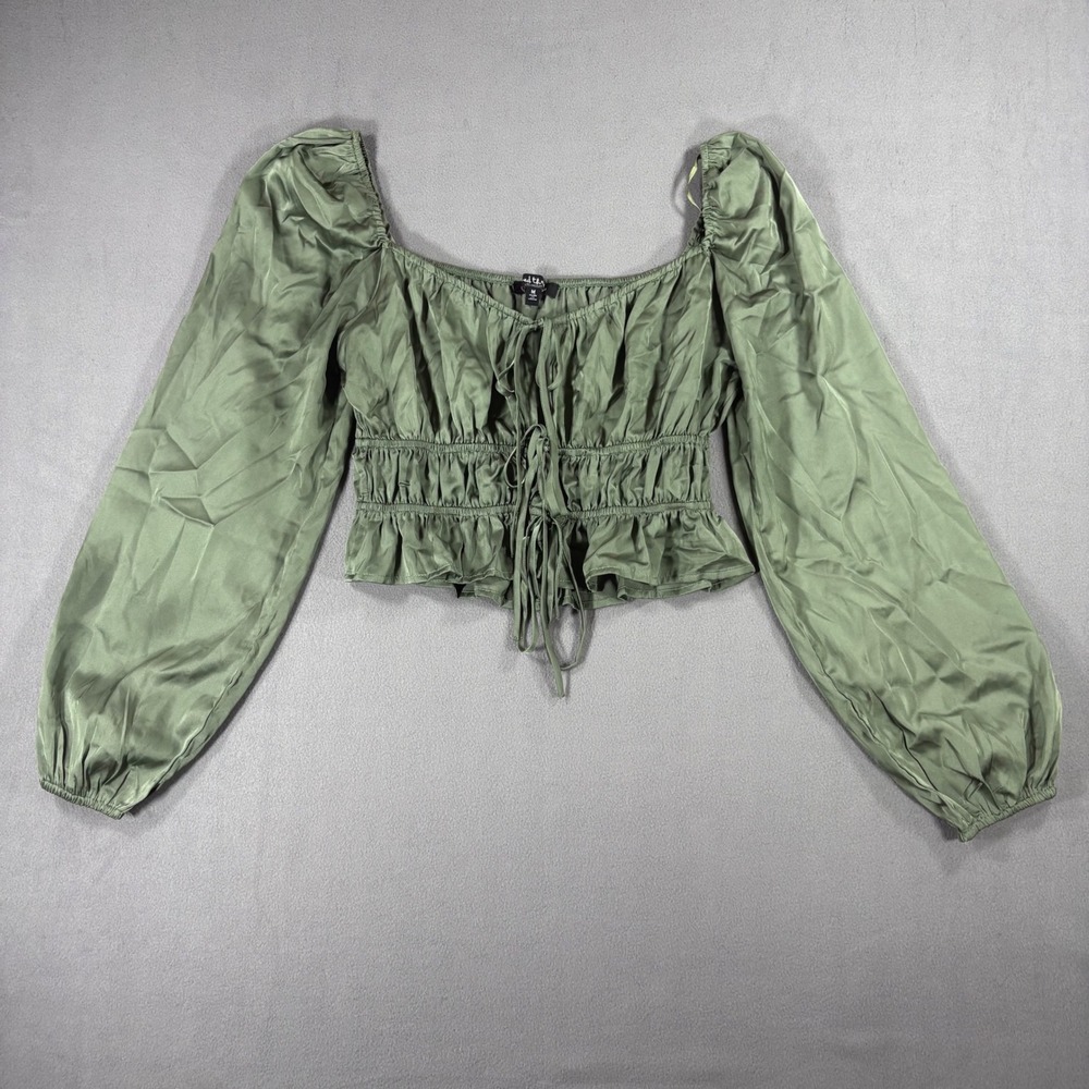 Mixed Threads Crop Top Women Medium Green Excellent Satin Smocked Puff Sleeve